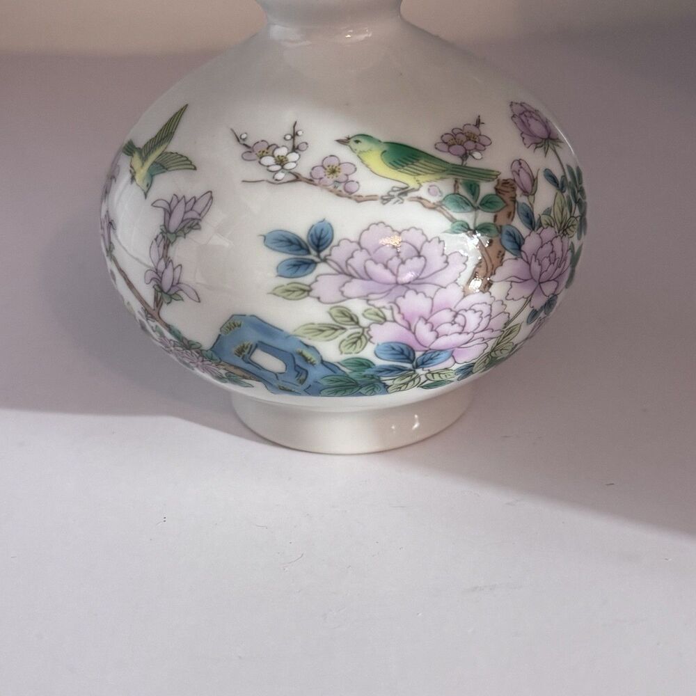 Vintage Enesco Bud Vase 1983 Floral Birds Blossoms Small Ceramic Cottage READ